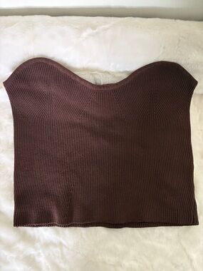 Brown Ribbed Strapless Knit Tube Top